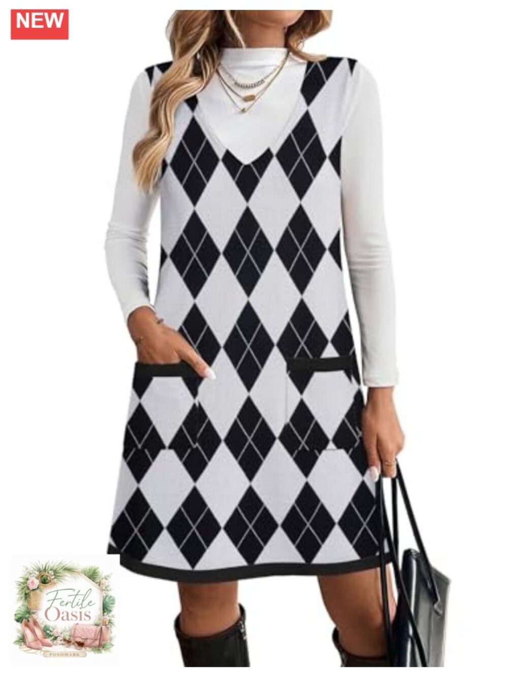 Sleeveless V-Neck Knit Sweater Vest Dress with Pockets Fall Winter